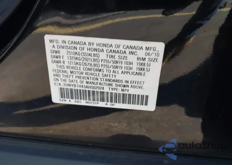 2010 Acura Zdx z USA, uszkodzony, nr VIN 2HNYB1H43AH502924